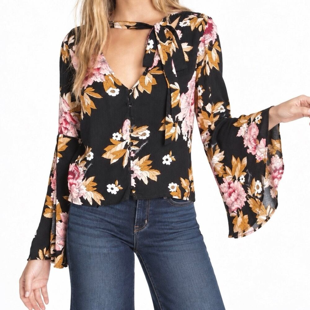 Billabong Bell Sleeves Tie Neck Buttons | Black Floral Blouse Boho Hippie Small